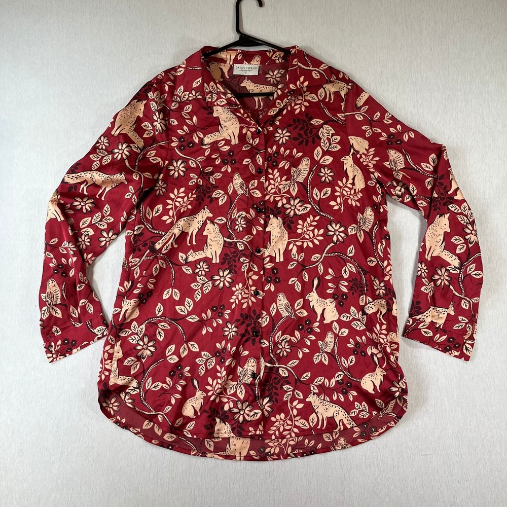 Dress Forum Top Women S Woodland Animal Print Button Down Shirt Red Fox Owl